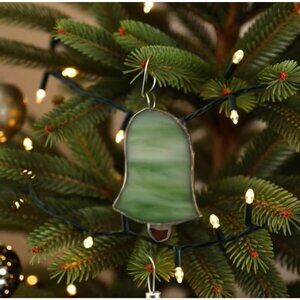 5" Antique Handmade Green Stained Glass Bell Silver Framed Ornament Suncatcher